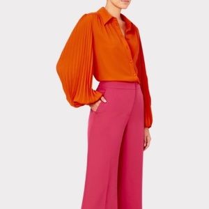 Milly Lina Pleated Blouse Orange Sheer Size Medium Vacation Sheer Designer.